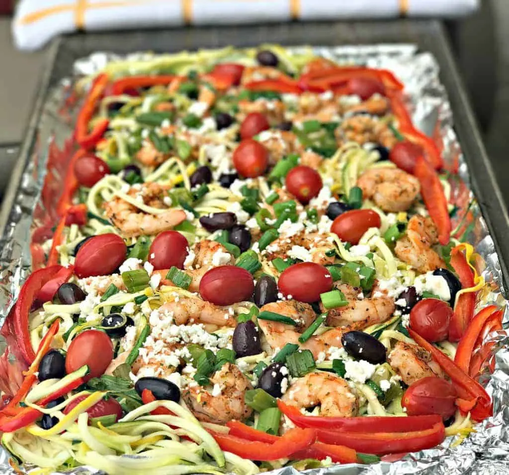 sheet pan Mediterranean shrimp with zucchini noodles