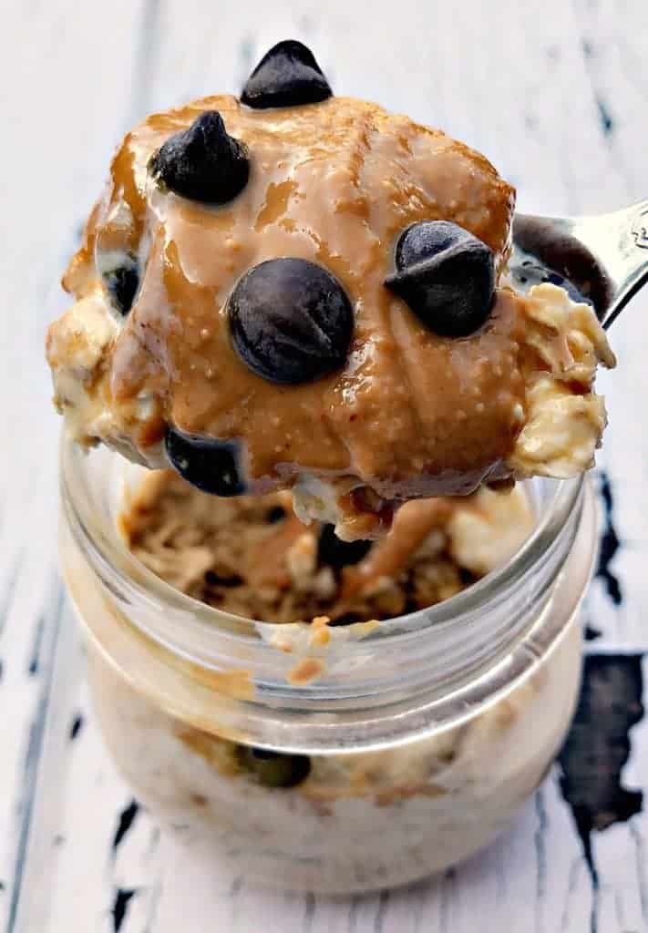 Chocolate Chip Cookie Dough Protein Overnight Oats in a glass jar