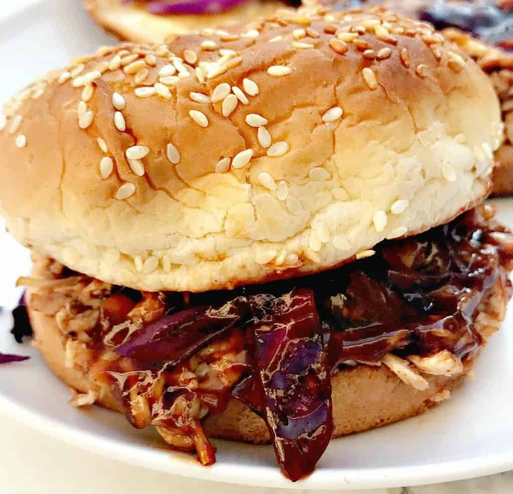 instant pot bbq pulled chicken on white plate