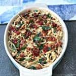Bacon, Egg, and Spinach Whole Wheat Breakfast Pasta in a baking dish