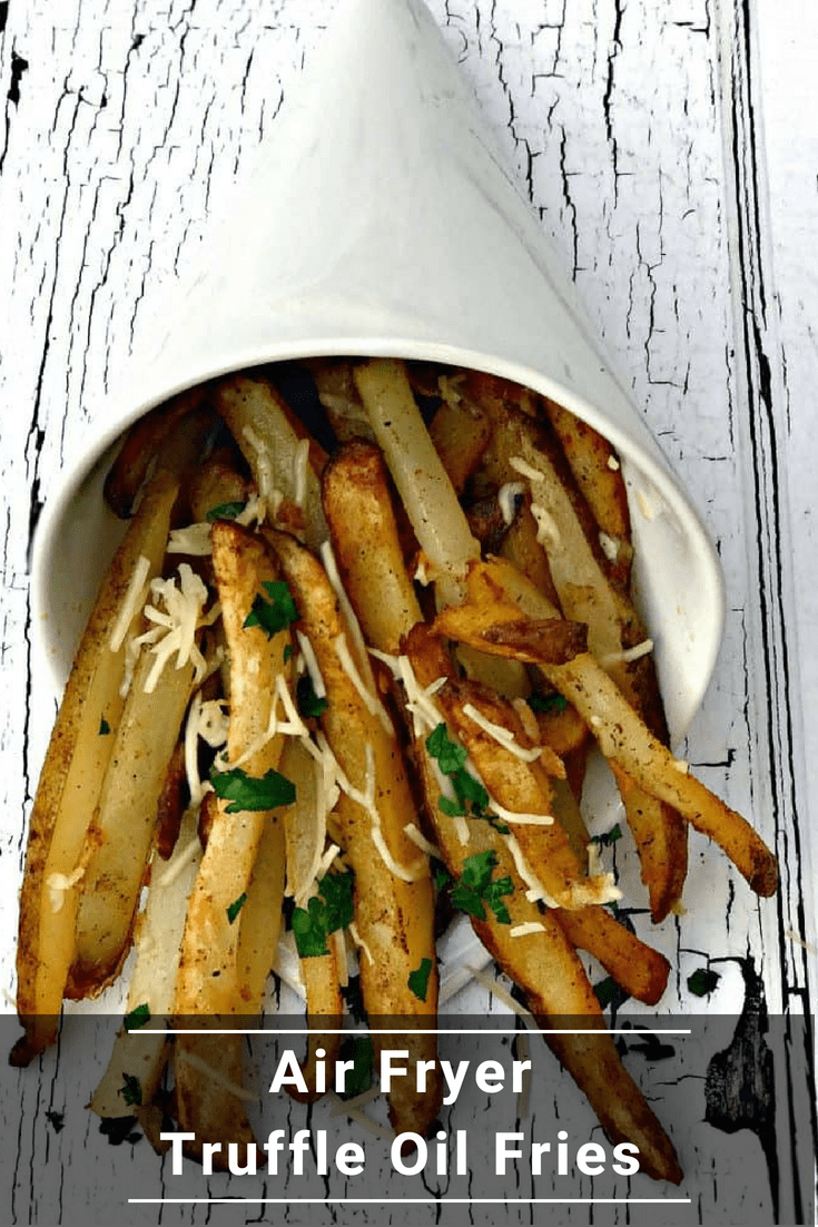 Air Fryer Parmesan Truffle Oil Fries are a low-fat, quick and easy recipe for crispy, crunchy french fries with parmesan cheese. #AirFryer #AirFryerRecipes #AirFryerFries