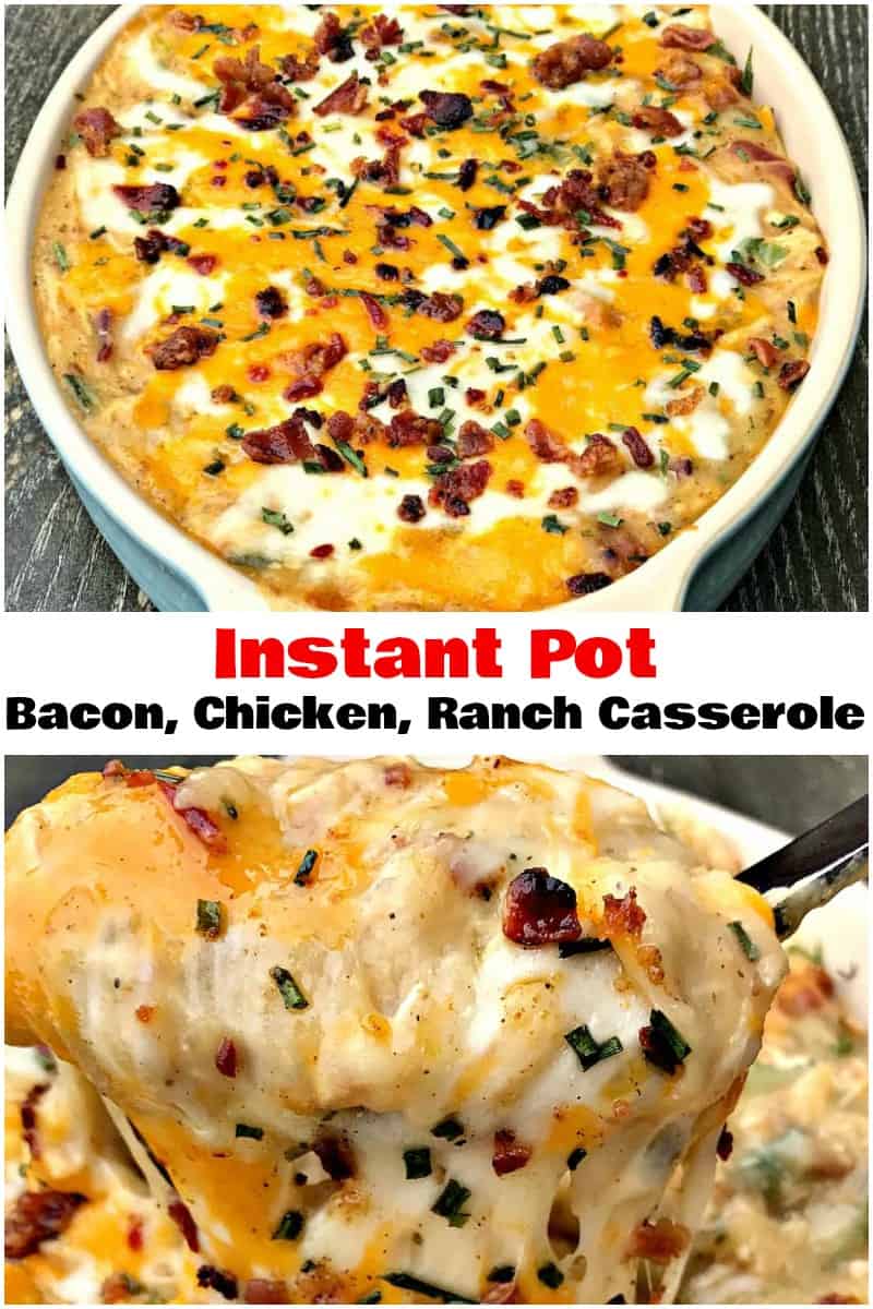 Instant Pot Bacon Chicken Ranch Baked Potato Casserole is a quick and easy pressure cooker recipe with mozzarella and cheddar cheese. #InstantPot #InstantPotRecipes #PressureCooker