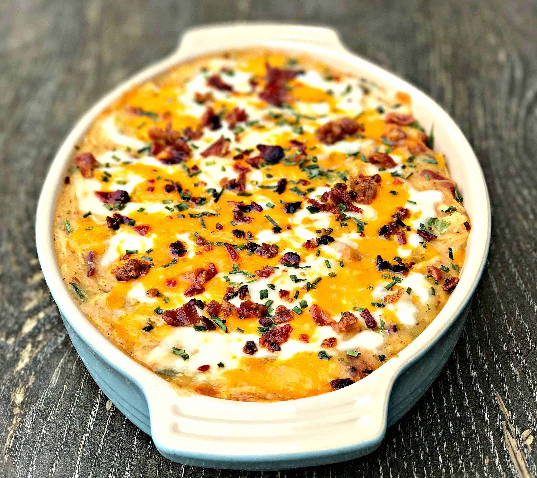 Instant Pot Bacon Chicken Ranch Baked Potato Casserole in a baking dish