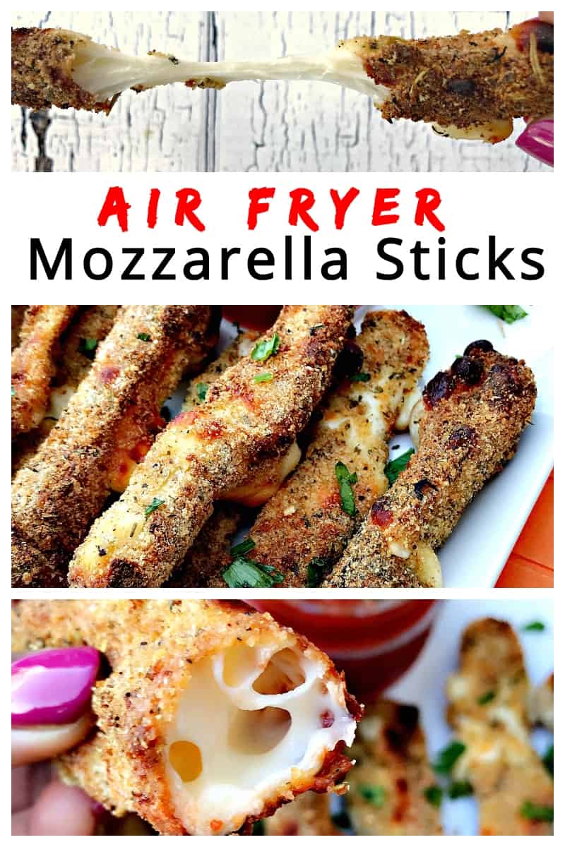 Air Fryer Low-Fat Weight Watchers Mozzarella Cheese Sticks is a quick and easy, healthy recipe with Italian breadcrumbs and gooey cheese. This recipe will show the cook time and how long to cook frozen cheese sticks. #AirFryerRecipes #AirFryerCheeseSticks