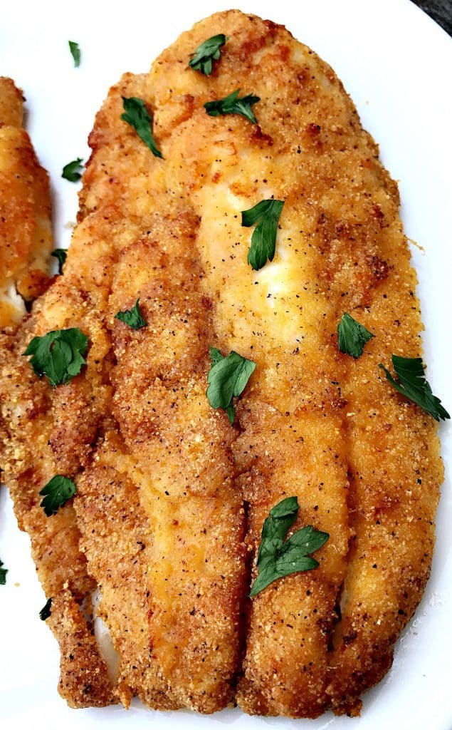 air fryer 3 ingredient fried catfish on a white plate