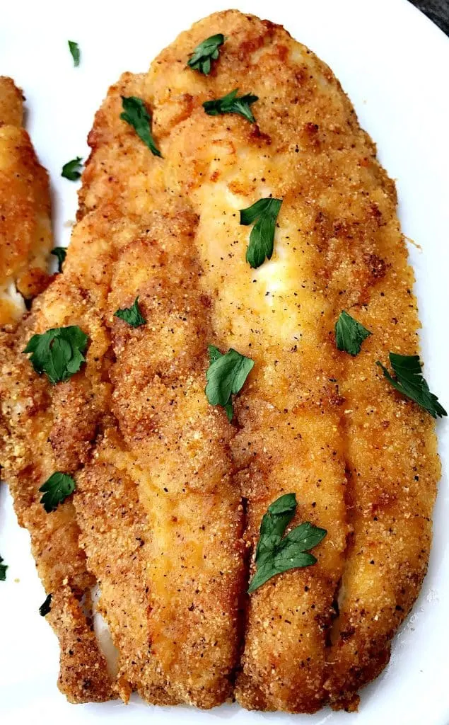 air fryer 3 ingredient fried catfish on a white plate