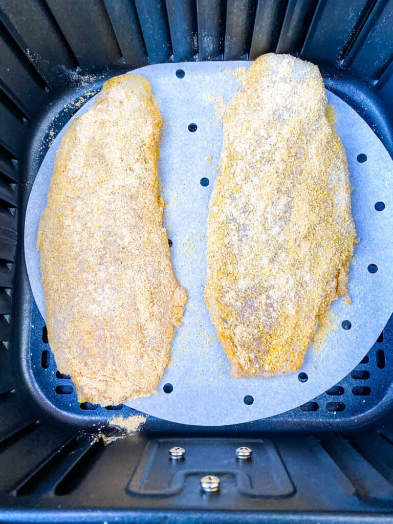 air fryer 3 ingredient fried catfish on a white plate