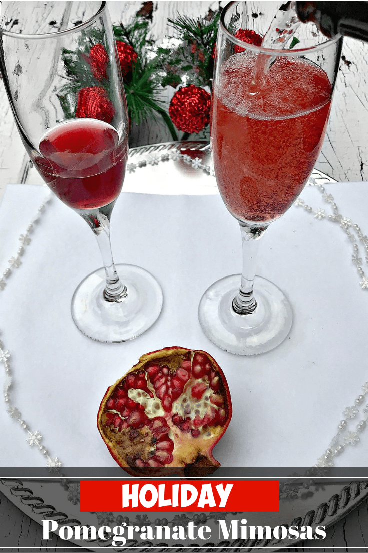 Pomegranate Holiday Mimosas Punch are the perfect easy champagne cocktail for brunch, Thanksgiving, Christmas, New Years, parties, and events. #Holiday #Cocktails #HolidayCocktails #NYE #NewYears #Champagne #Brunch #Christmas #ChristmasCocktails #Mimosas
