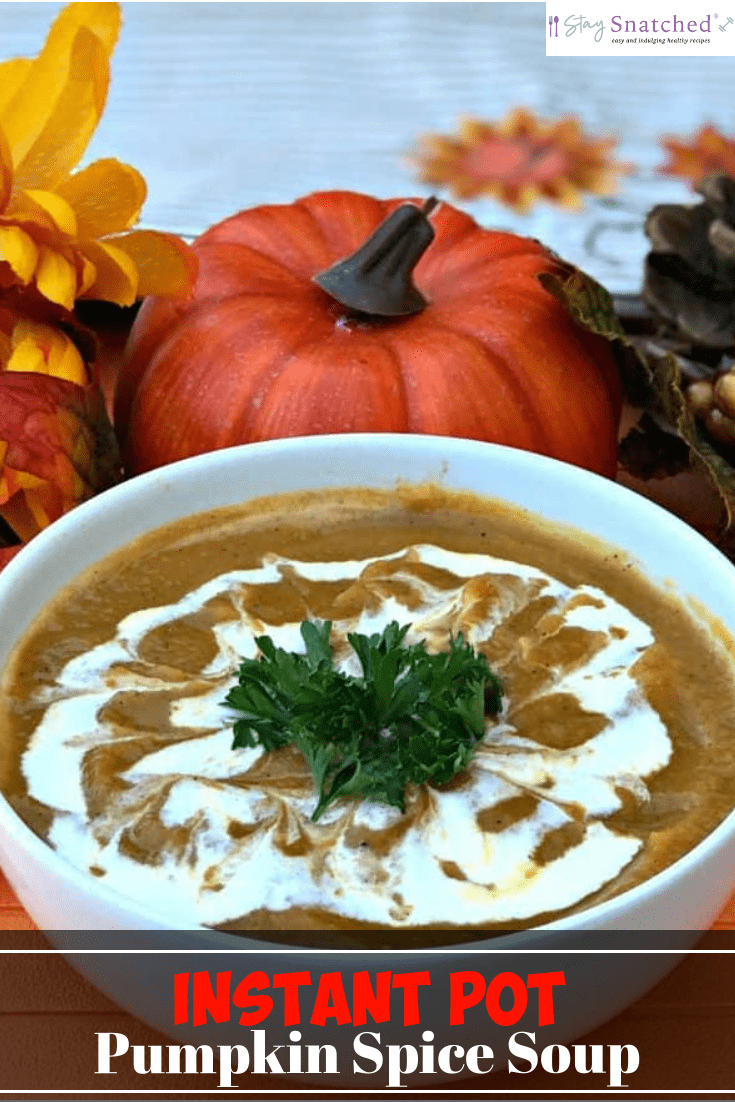 Instant Pot Pumpkin Spice and Sweet Potato Soup is a quick and easy, healthy, low-calorie pressure cooker recipe perfect for fall. This seasonal soup is similar to a butternut squash bisque. The instructions include details for how long it takes to make pumpkin soup and how to make pumpkin soup from scratch. #InstantPot #InstantPotRecipes #PumpkinSpice #GlutenFree #GlutenFreeRecipes #Vegan #VeganRecipes