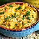 Baked Macaroni and Cheese with Caramelized Onions and Mushrooms in a bowl