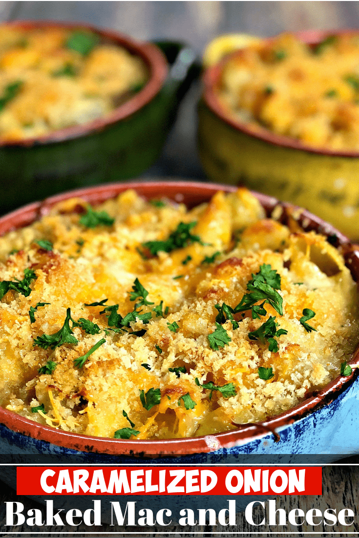 Soul Food Baked Macaroni and Cheese with Caramelized Onions and Mushrooms is a homemade recipe with crunchy panko breadcrumbs topping perfect for Thanksgiving, Christmas, and holidays. #SideDishes #SideDishRecipes #Thanksgiving #ThanksgivingRecipes #Christmas #ChristmasRecipes #HolidayRecipes #MacAndCheese #MacNCheese #SouthernFood