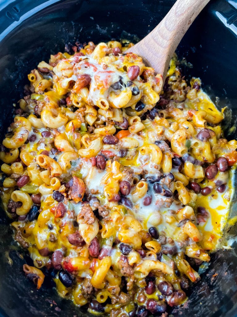 chili mac and cheese in a Crockpot slow cooker