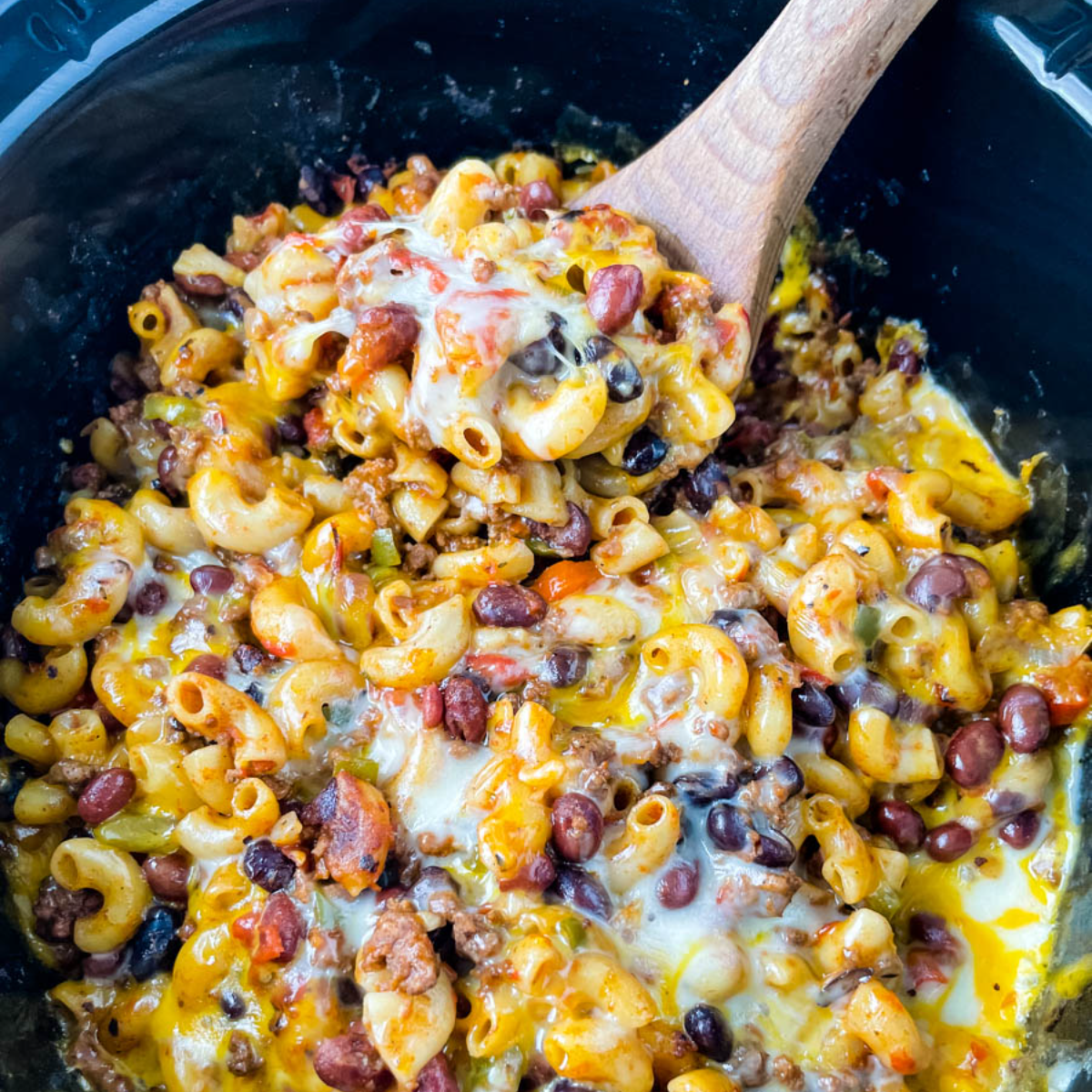 chili mac and cheese in a Crockpot slow cooker