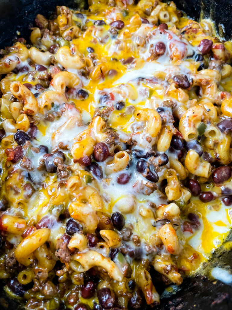 chili mac and cheese in a Crockpot slow cooker