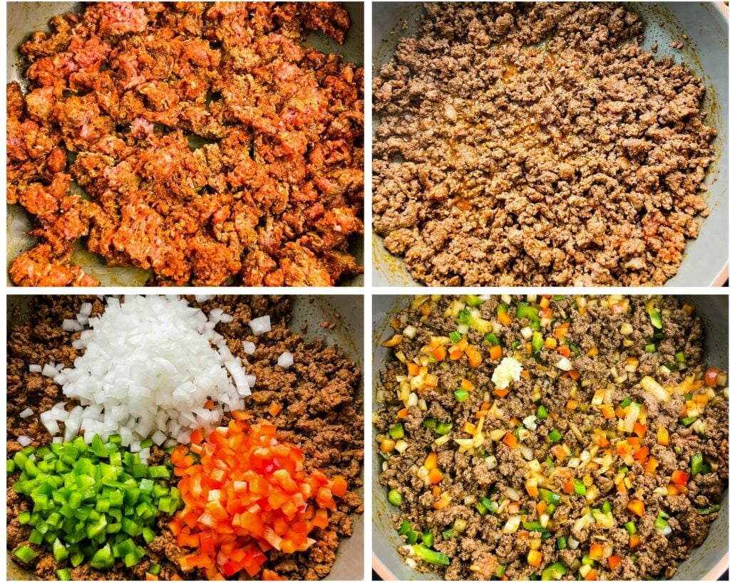 collage of 4 photos with ground beef sauteed in a pan with veggies