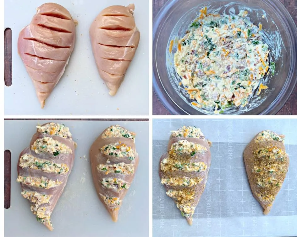 collage photo of raw chicken breasts stuffed with jalapeno popper filling