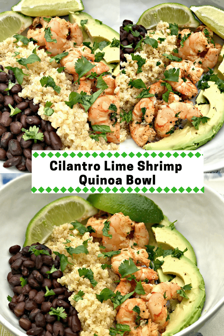 Cilantro lime shrimp quinoa bowl with black beans and avocado makes is perfect for meal prep or weeknight dinners. This quick and easy recipe is healthy and loaded with immense flavor and tons of protein. #MealPrep #ShrimpRecipes