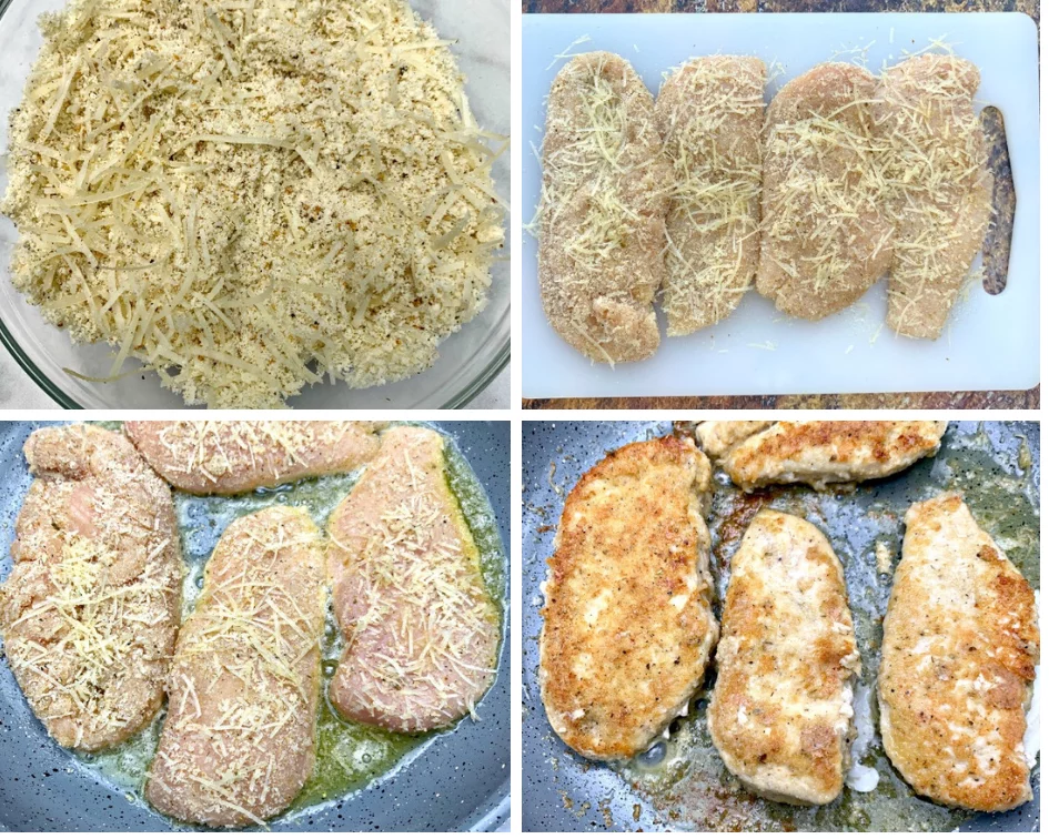 almond flour in a bowl, raw chicken breasts breaded on a cutting board and in a frying pan