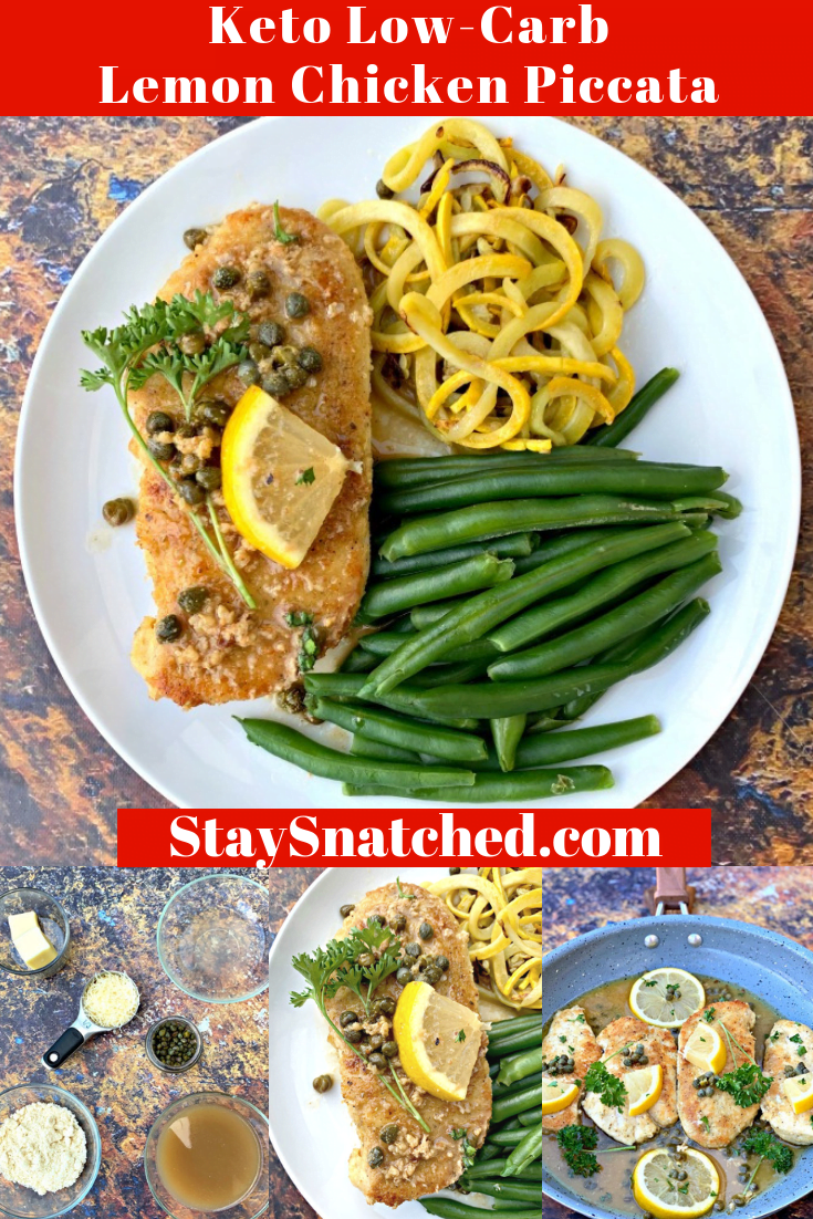 Keto Low-Carb Flourless Lemon Chicken Piccata is a quick recipe that uses almond flour, chicken cutlets, capers, and fresh lemon to make the perfect weeknight meal prep dinner! This Italian savory dish is gluten-free and made keto-style! Add in artichokes if you wish! #KetoRecipes #KetoLemonChicken