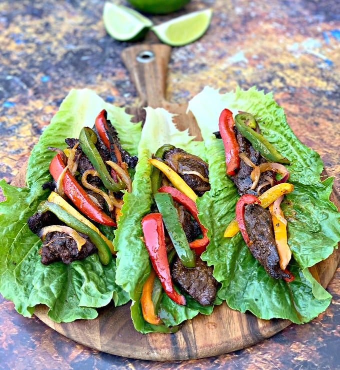 keto low carb steak fajitas on a lettuce wrap