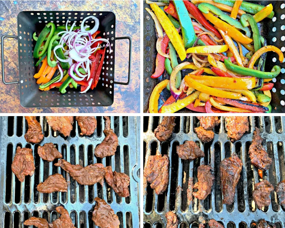 colllage photo of sliced fajita vegetables in a grill basket and sliced steak cooking on a grill