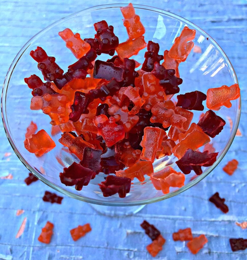 vodka filled gummy bears in a glass