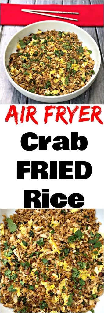 collage photo of 2 pictures of air fryer crab fried rice with a red napkin and chopsticks