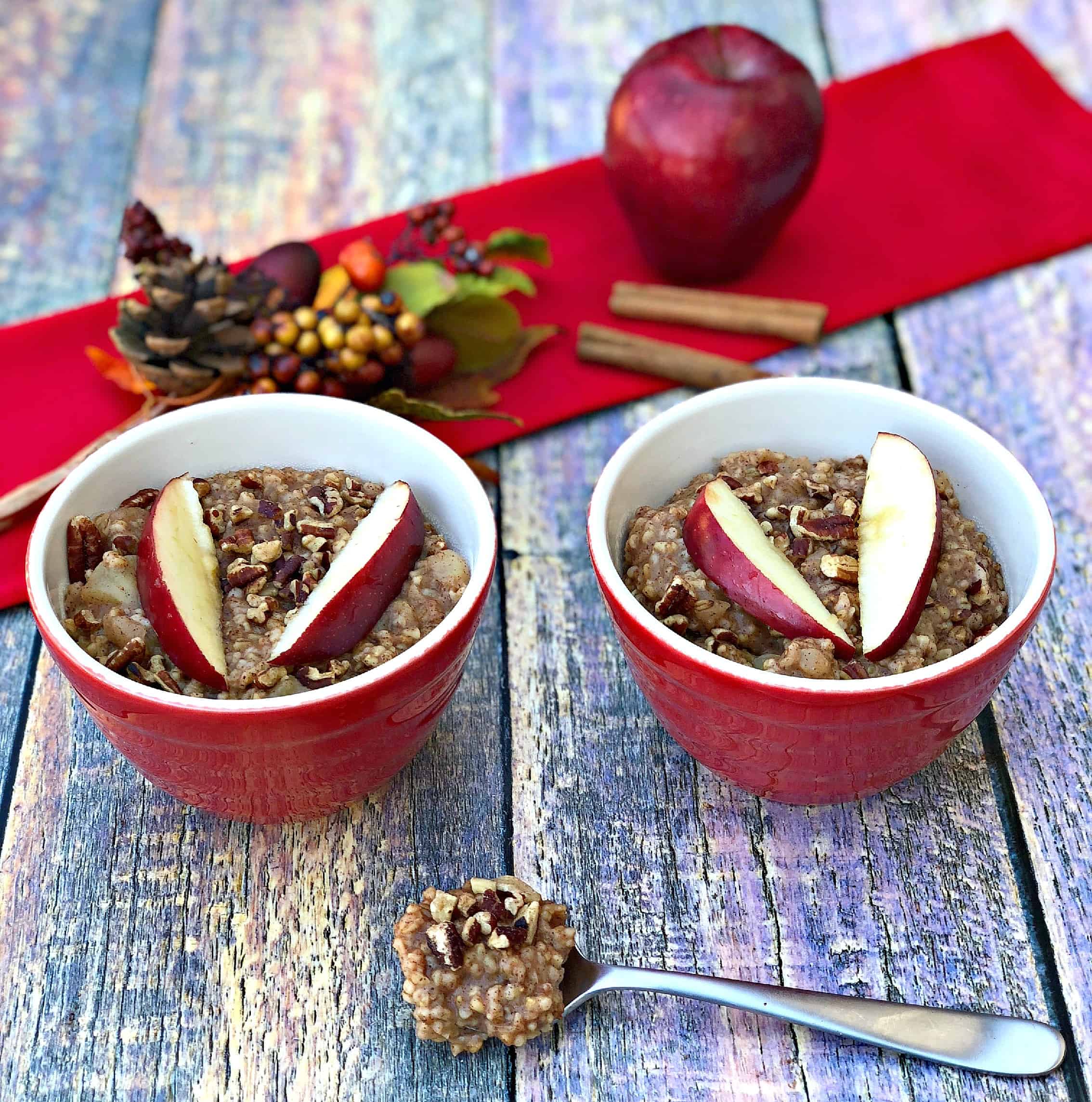 Instant Pot Apple Pie Steel Cut Oats in two red bowls