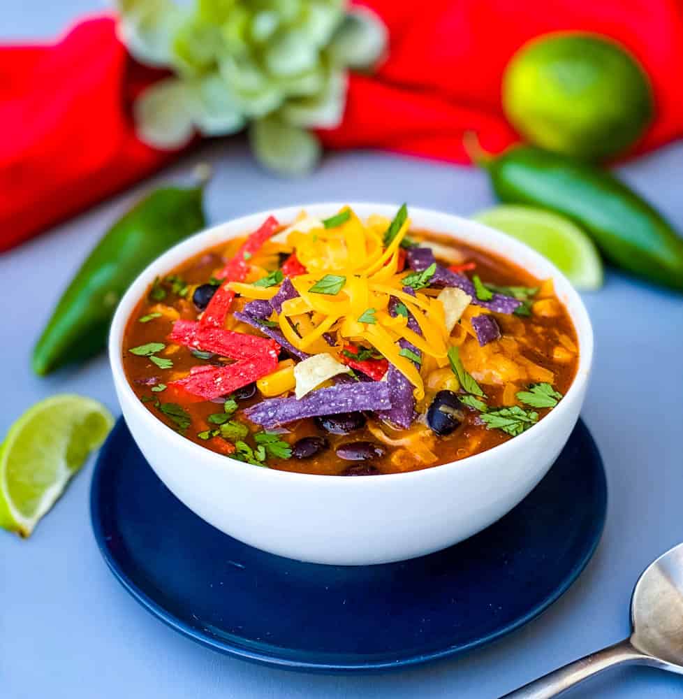 Instant Pot Chicken Tortilla Soup in a white bowl