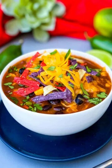 Instant Pot Chicken Tortilla Soup in a white bowl