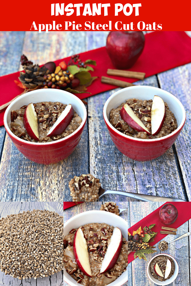 Instant Pot Apple Pie Steel Cut Oats Oatmeal with {VIDEO} is a vegan, dairy-free, refined-sugar free pressure cooker recipe that is perfect for overnight, make-ahead breakfast, and meal prep. This healthy dish is quick and easy to make. These are quick cooking oats the whole family will love. #InstantPot