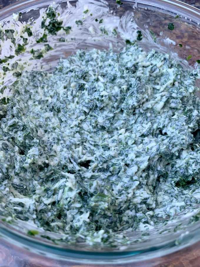 keto low carb spinach dip in a glass bowl