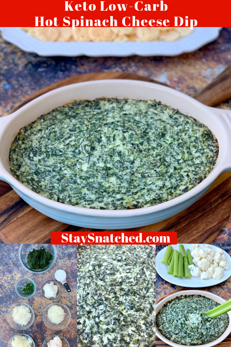Easy, Keto Low-Carb Baked Hot Spinach Cheese Dip is the best, simple, healthy recipe for creamy and cheesy homemade dip. This warm homemade dish is gluten-free and includes the following ingredients: garlic, frozen spinach, cream cheese, parmesan, and mozzarella. You can throw in artichokes if you wish! Serve this keto-friendly dish with pork rinds, cheese crisps, or vegetables for all of your gatherings and events, or for the Super Bowl! #KetoRecipes #KetoSpinachDip #KetoSuperBowlRecipes