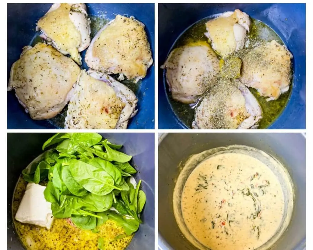 collage photo showing how to make Instant Pot Tuscan chicken with cream sauce and spinach