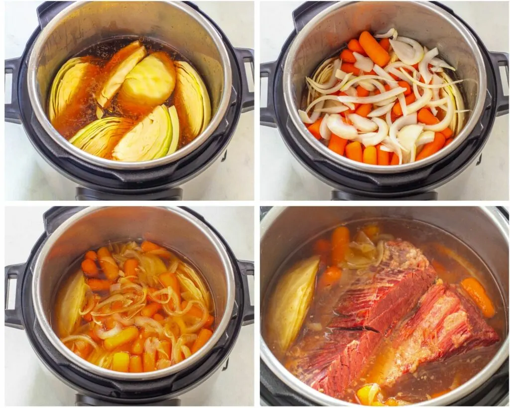 collage photo showing corned beef in an Instant Pot