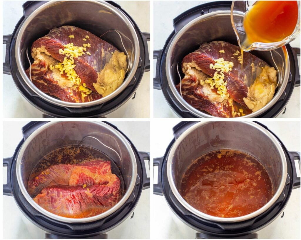 collage photo showing corned beef in an Instant Pot