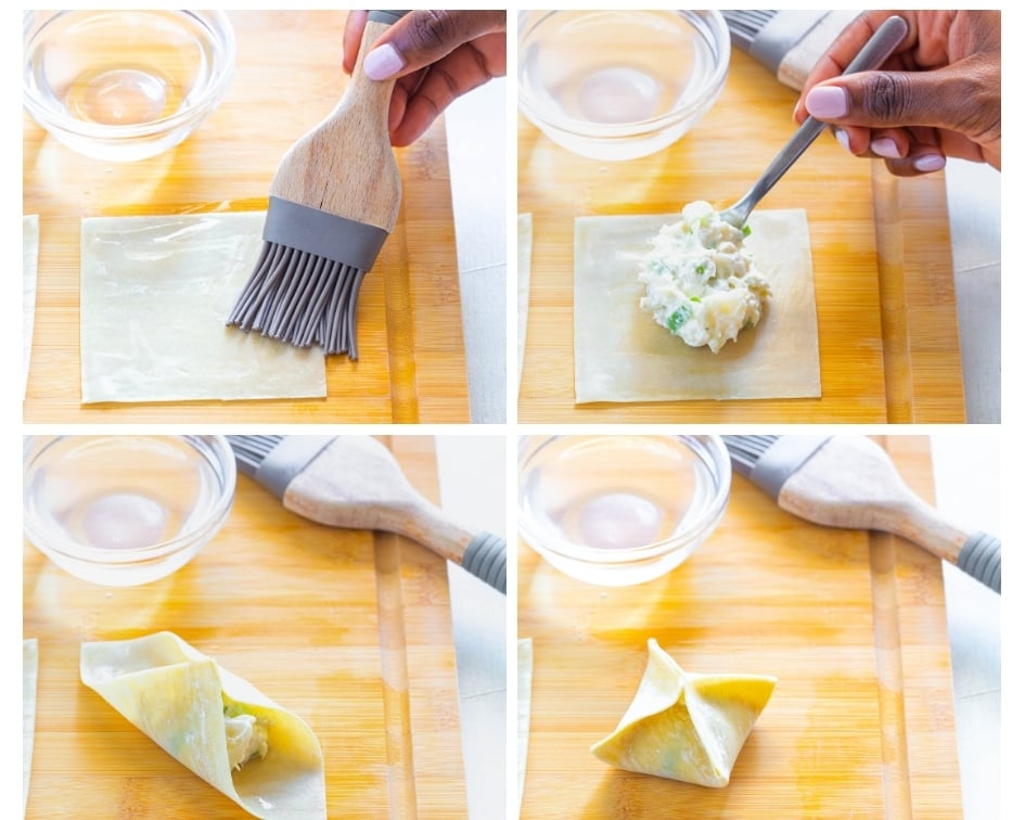 collage photo demonstrating how to fold air fryer crab rangoon