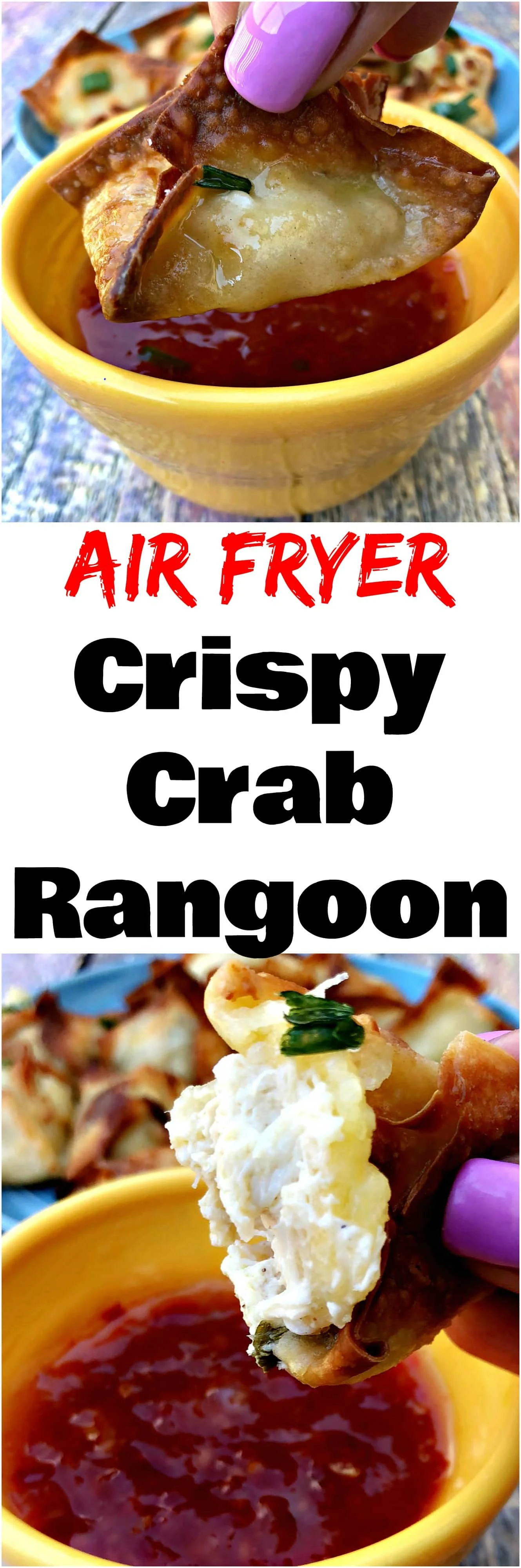 collage photo demonstrating how to fold air fryer crab rangoon