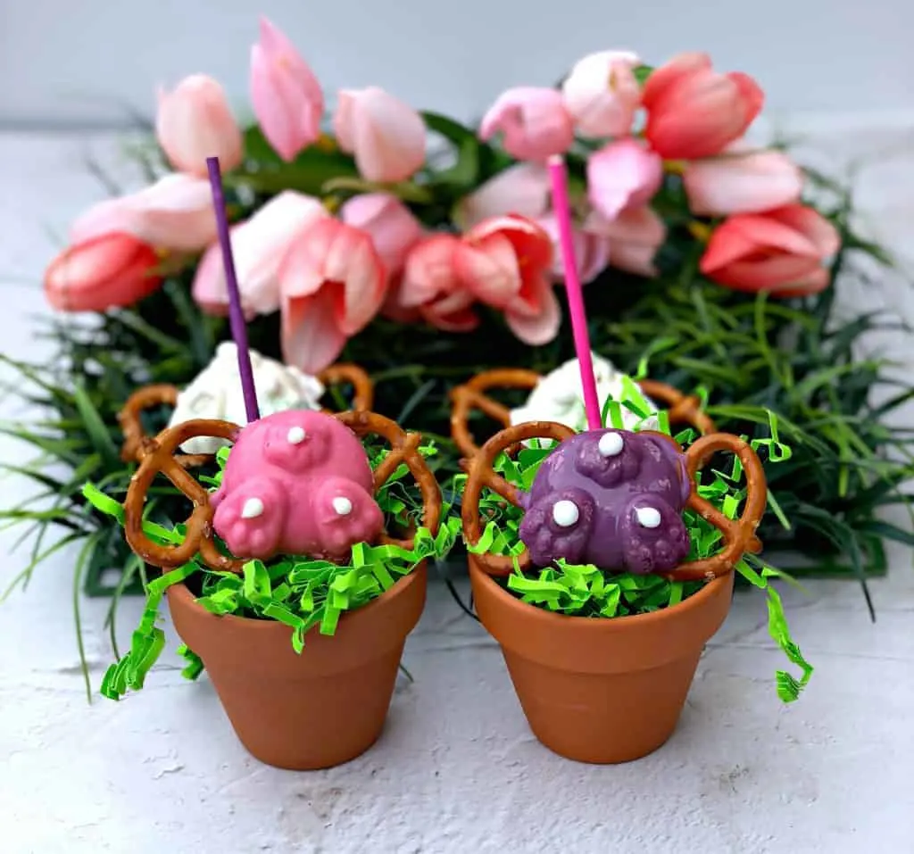 easter bunny butt pretzel candy with tulips and grass