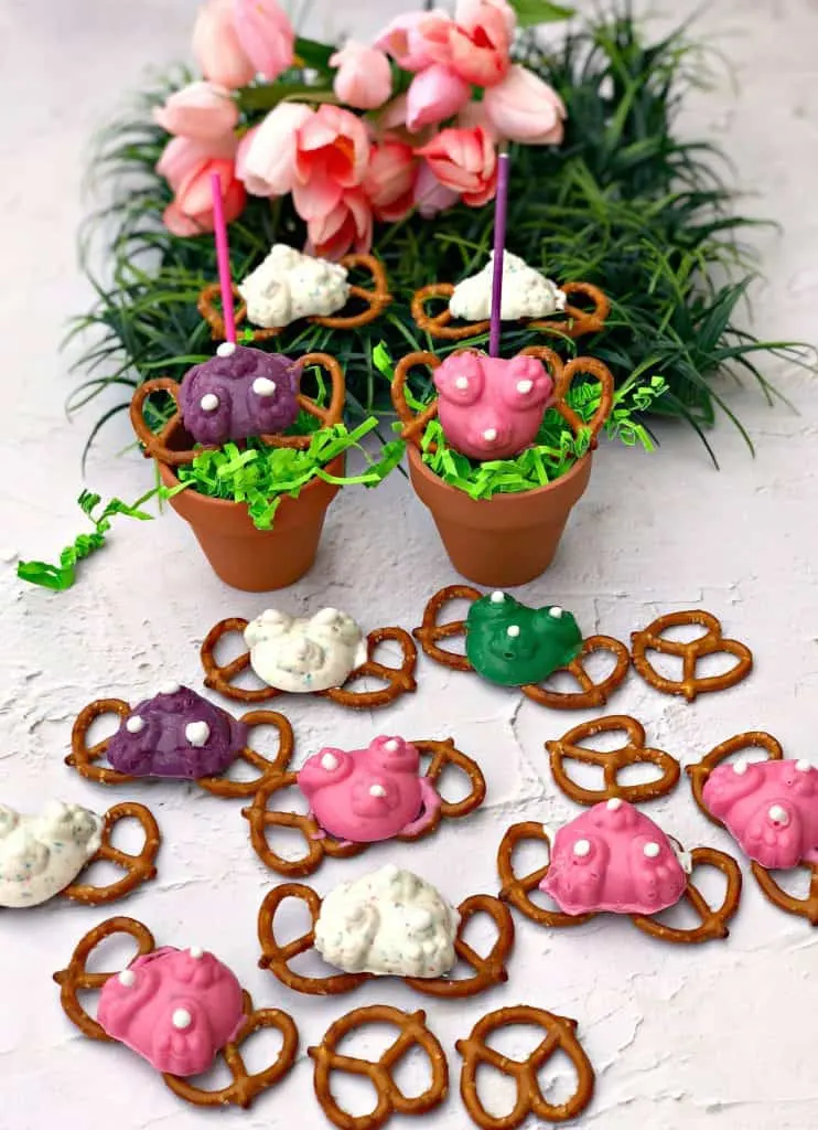 easter bunny butt pretzel candy with tulips and grass