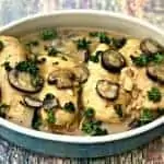 instant pot chicken marsala in a serving dish on a multi color surface