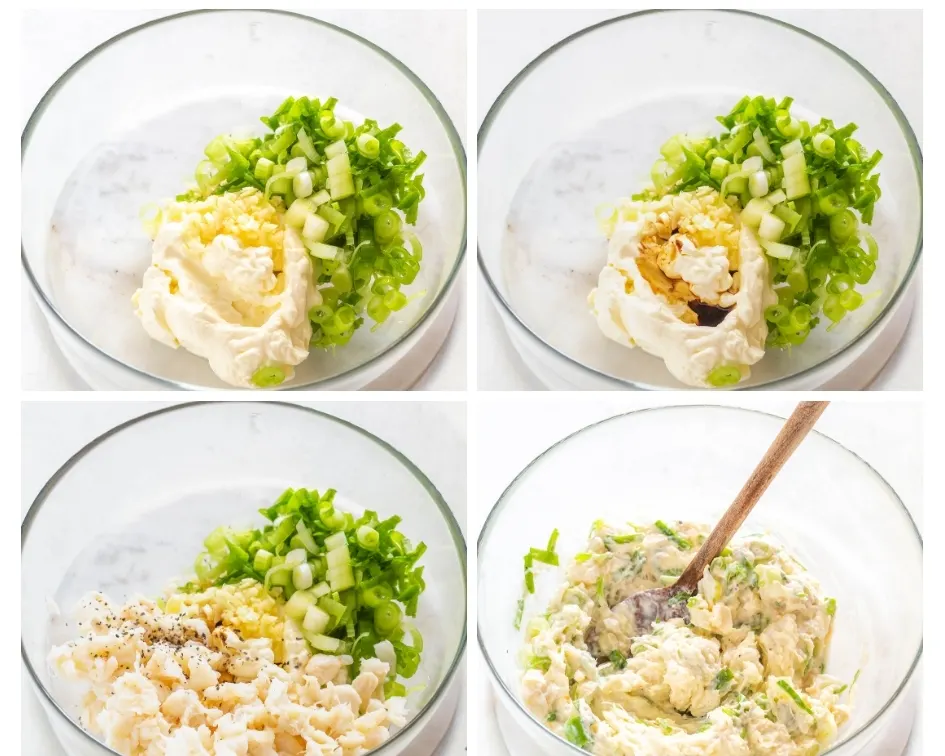 collage photo of cream cheese, lump crab, and green onions in a glass bowl