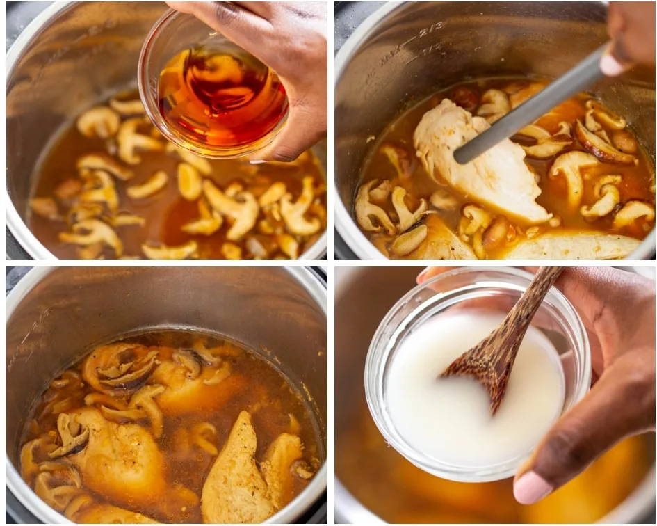 collage photo showing how to add marsala ingredients to the Instant Pot