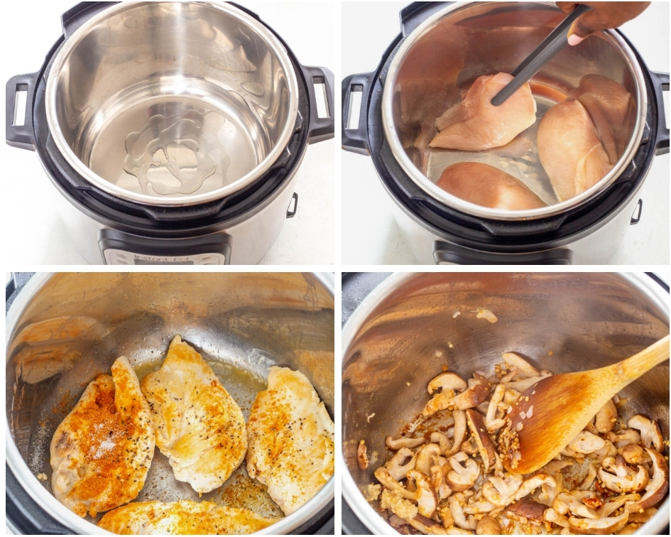 collage photo showing how to saute chicken breasts and add mushrooms to the Instant Pot