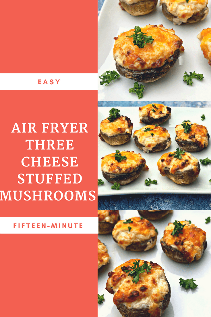 Fifteen Minute Air Fryer Three Cheese Stuffed Mushrooms is a low-carb, keto-diet friendly recipe that is quick and easy to make. This recipe is loaded with parmesan, sharp cheddar, and white cheddar cheese, creamy cream cheese, and savory garlic. This dish is the perfect appetizer for parties, events, and gatherings. #AirFryer #AirFryerRecipes #Mushrooms #Appetizers