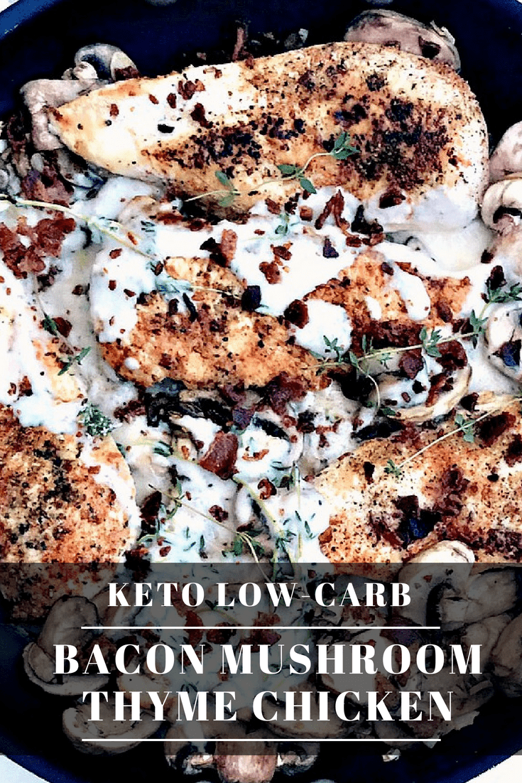 Keto Low-Carb Bacon Mushroom Chicken in Cream Sauce with Thyme is a savory low-carb dish that is quick and easy to make and perfect for weeknight dinners. This dish is drizzled in decadent cream sauce and only has 2 grams of net carbs per serving! #Keto #KetoRecipes #KetoDiet