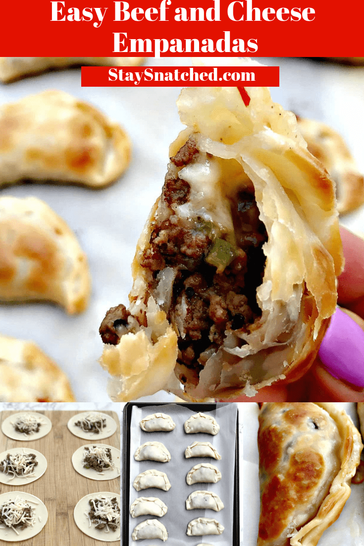 Easy Baked Beef and Cheese Empanadas Recipe for the perfect skinny, healthy appetizer loaded with ground beef and gooey mozzarella and pepperjack cheese. This recipe is quick to make using Goya empanadas wrappers. This Mexican and Puerto Rican dish is perfect for Cinco de Mayo and gatherings. #StaySnatched #BeefAndCheeseEmpanadas #Empanadas