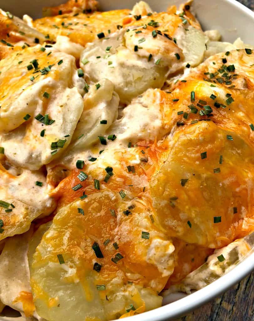 instant pot scalloped potatoes in a white bowl