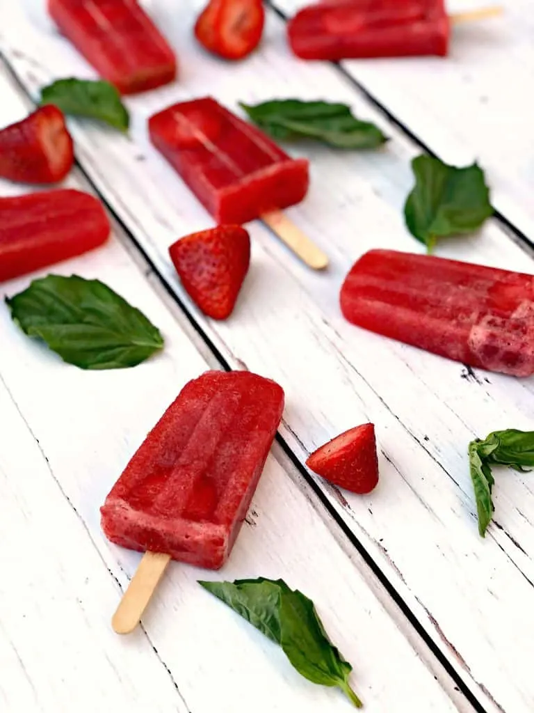 rose' wine popsicles with basil and strawberries