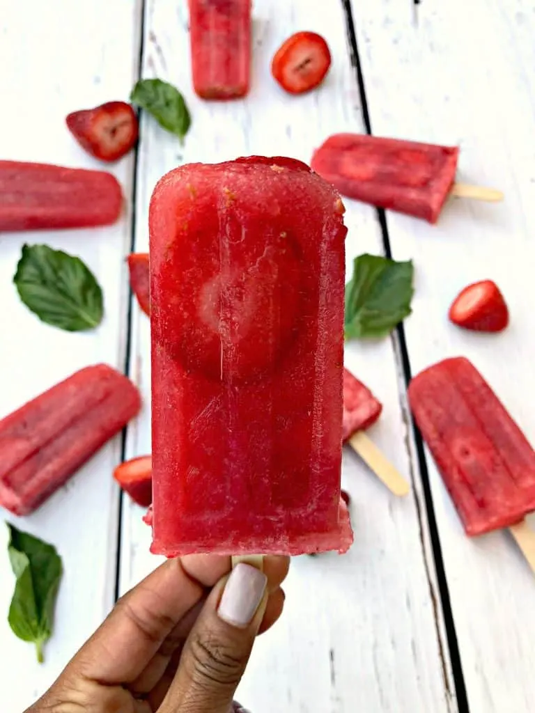rose' wine popsicles with basil and strawberries
